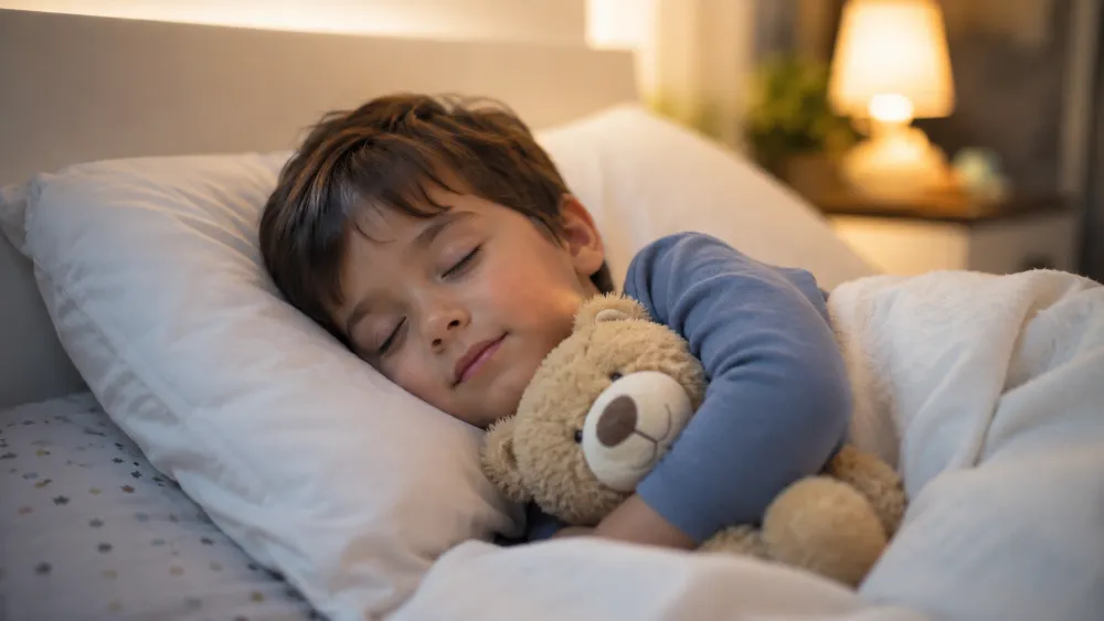 Bé yêu đang ôm gấu bông ngủ ngon giấc mà không cần ngậm bình sữa