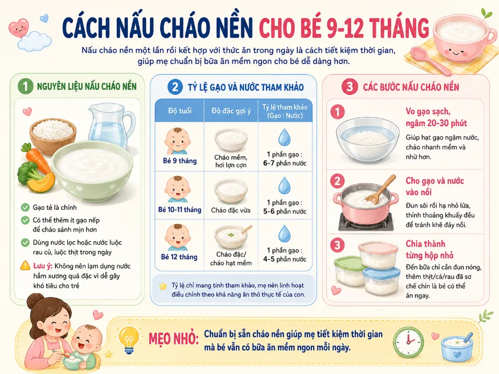 Chuẩn bị sẵn cháo nền giúp mẹ tiết kiệm thời gian chuẩn bị bữa ăn dặm cho bé.