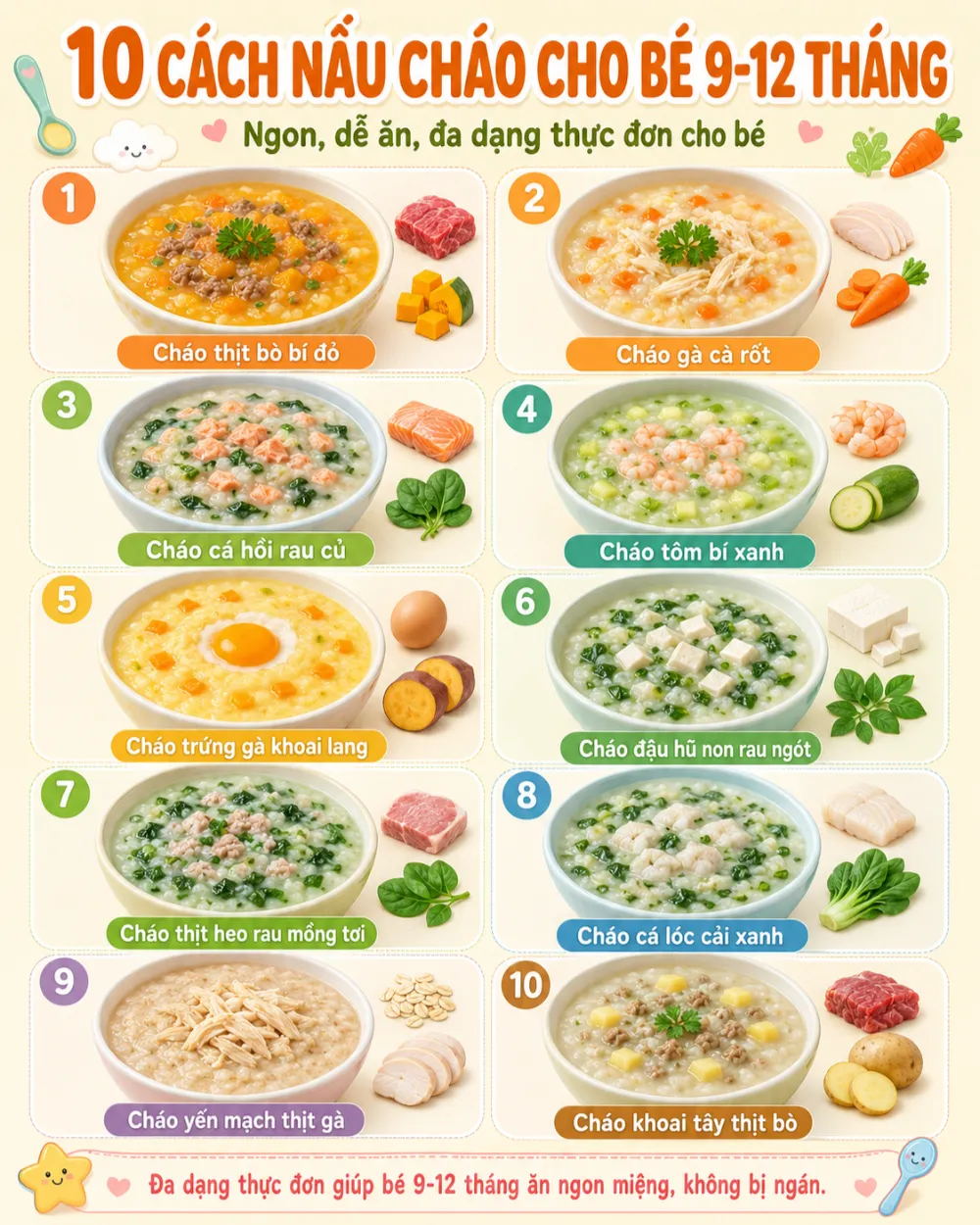 Đa dạng thực đơn giúp bé 9-12 tháng ăn ngon miệng, không bị ngán.