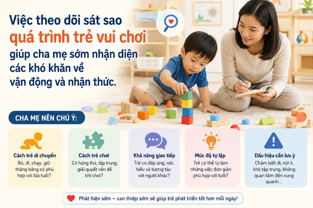 Việc theo dõi sát sao quá trình trẻ vui chơi giúp cha mẹ sớm nhận diện các khó khăn về vận động và nhận thức.