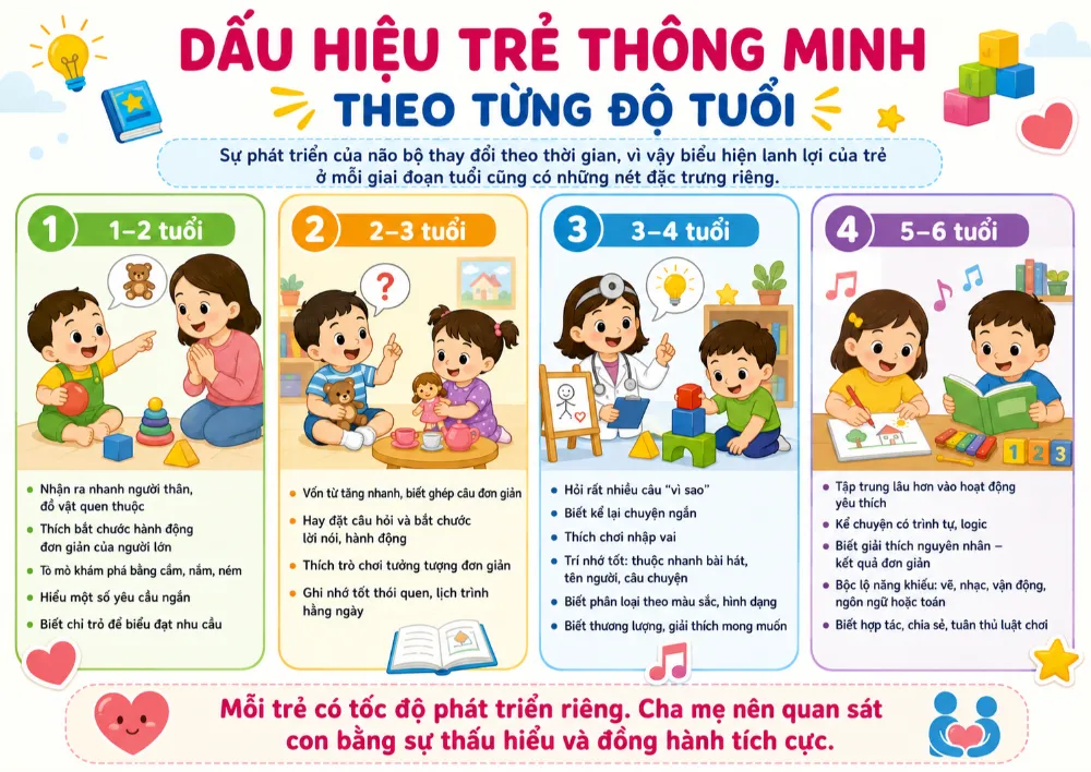 Dấu hiệu trẻ thông minh theo từng độ tuổi