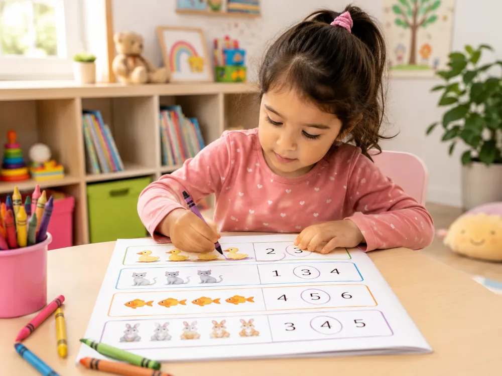 Bài tập bằng tranh vẽ sinh động giúp trẻ củng cố kiến thức đã học.