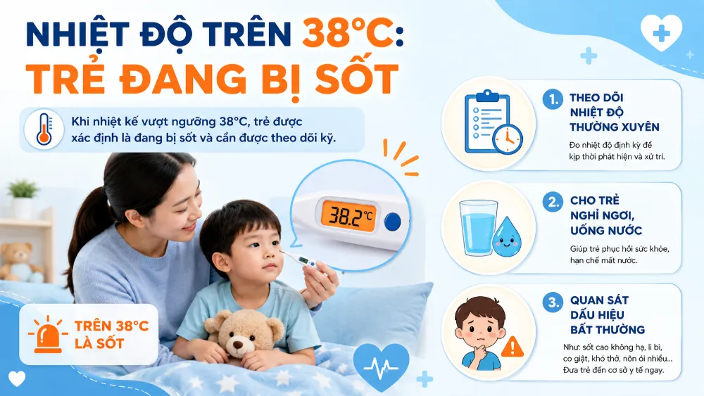 Khi nhiệt kế vượt ngưỡng 38°C, trẻ được xác định là đang bị sốt và cần được theo dõi kỹ.