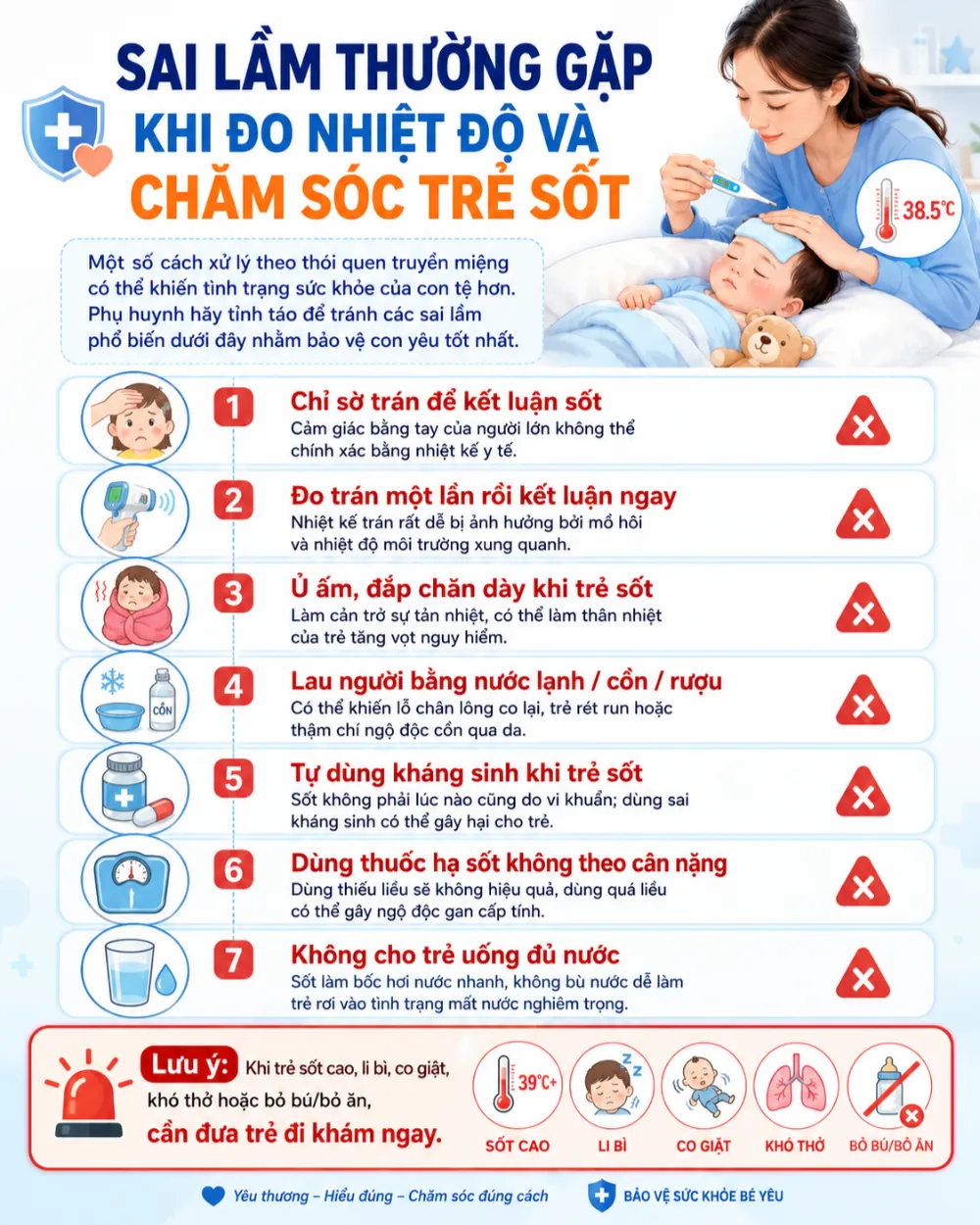 Sai lầm thường gặp khi đo nhiệt độ và chăm sóc trẻ sốt