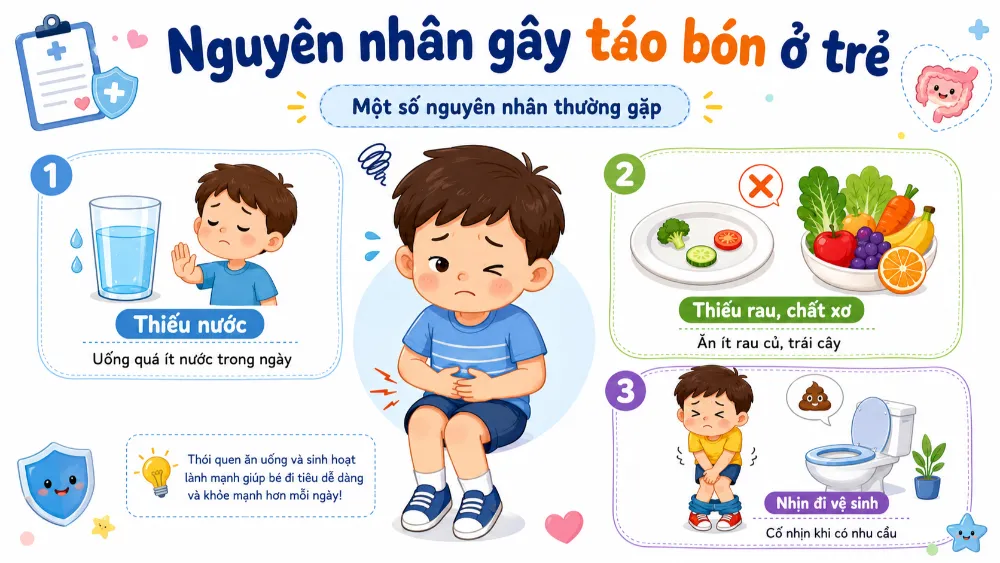 Chế độ ăn thiếu chất xơ và thói quen nhịn đi vệ sinh là những nguyên nhân hàng đầu gây táo bón ở trẻ 4 tuổi.
