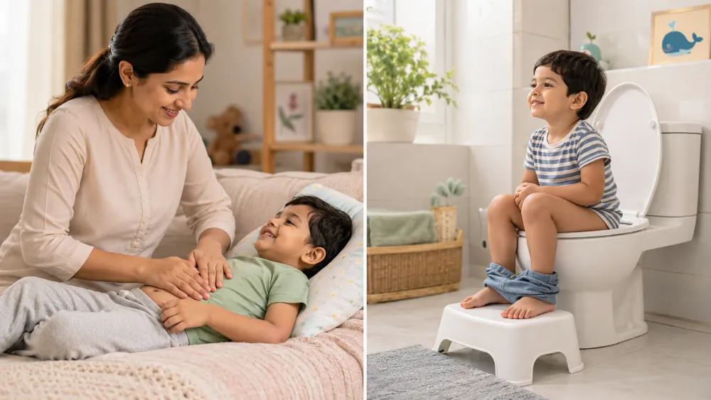Kê ghế dưới chân giúp tạo tư thế ngồi lý tưởng, hỗ trợ bé đi vệ sinh dễ dàng hơn.