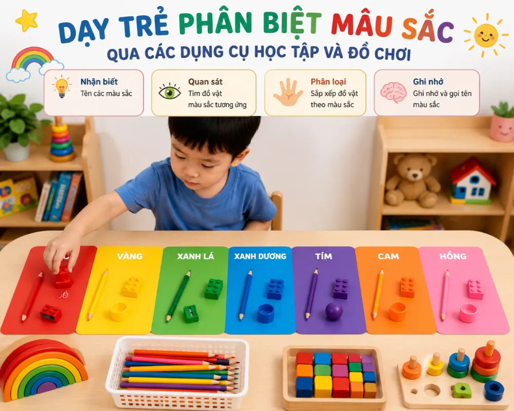 Dạy trẻ phân biệt màu sắc qua các dụng cụ học tập và đồ chơi.