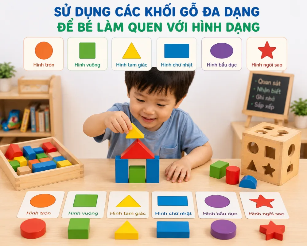 Sử dụng các khối gỗ đa dạng để bé làm quen với hình dạng.