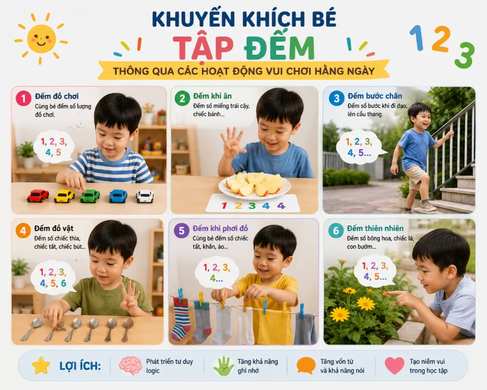 Khuyến khích bé tập đếm thông qua các hoạt động vui chơi hằng ngày.