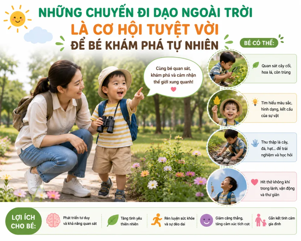 Những chuyến đi dạo ngoài trời là cơ hội tuyệt vời để bé khám phá tự nhiên.