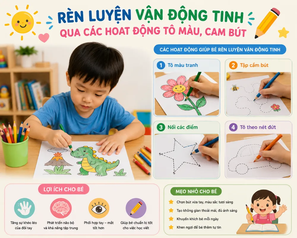 Rèn luyện vận động tinh qua các hoạt động tô màu, cầm bút.