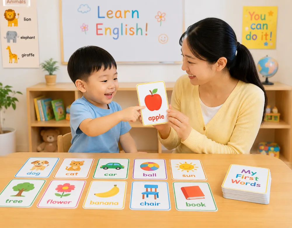 Sử dụng thẻ Flashcard sinh động để dạy bé các chủ đề tiếng Anh cơ bản.