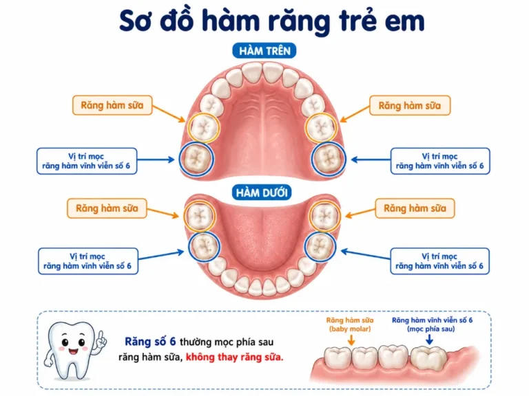 Vị trí của răng hàm sữa và răng hàm vĩnh viễn số 6 trên cung hàm của trẻ.