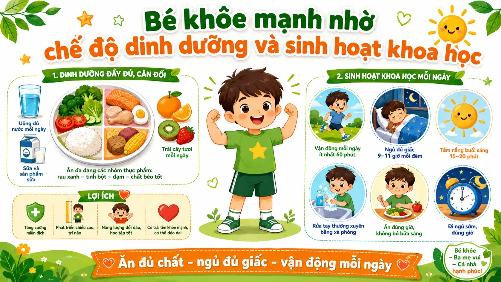 Bé khỏe mạnh nhờ chế độ dinh dưỡng và sinh hoạt khoa học