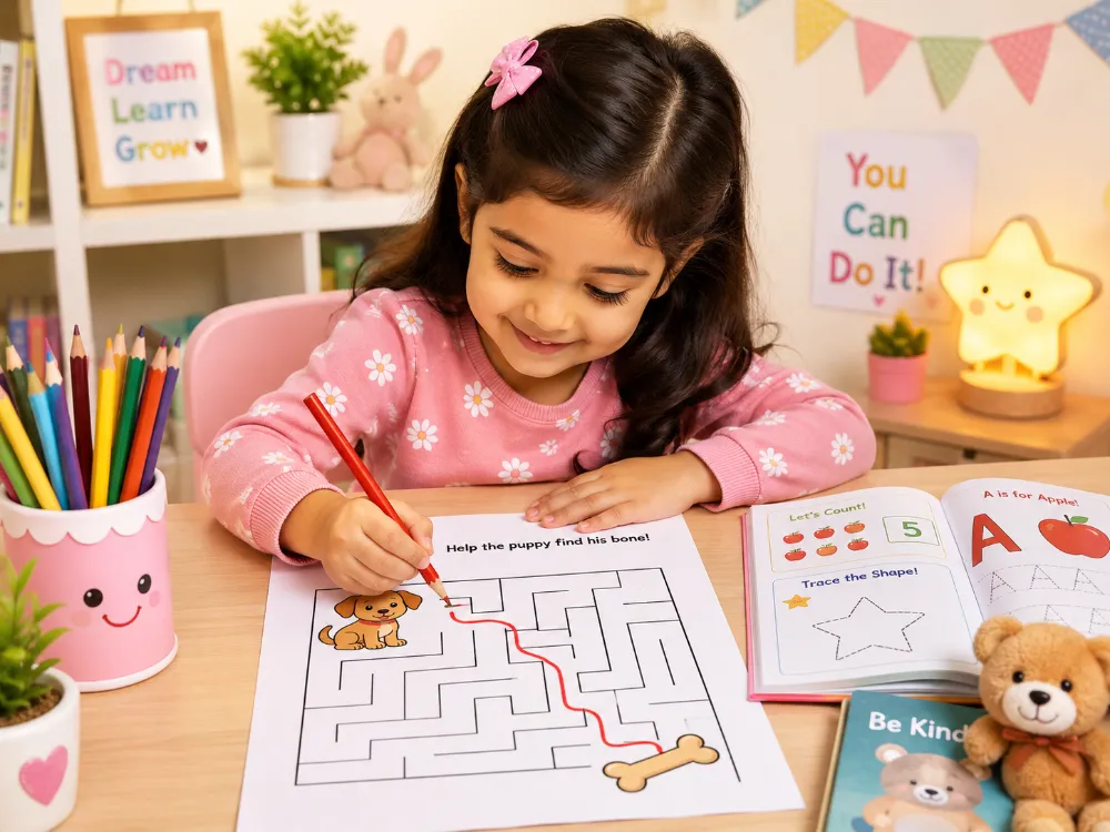Bài tập mê cung giúp trẻ 5 tuổi rèn sự tập trung và sự khéo léo của đôi tay.