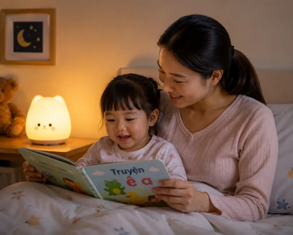 Đọc sách hoặc trò chuyện nhẹ nhàng nên là hoạt động cuối cùng trước khi bé chìm vào giấc ngủ.