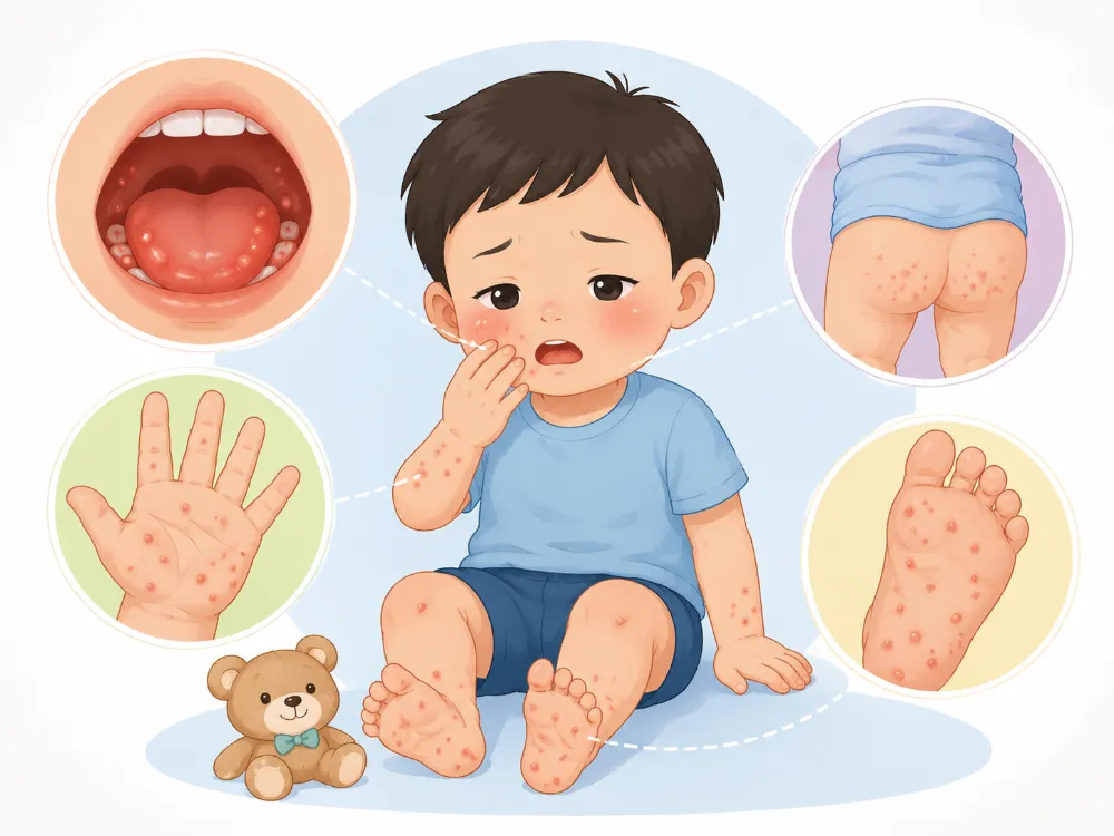 Dấu hiệu thường gặp ở miệng, tay và chân. 