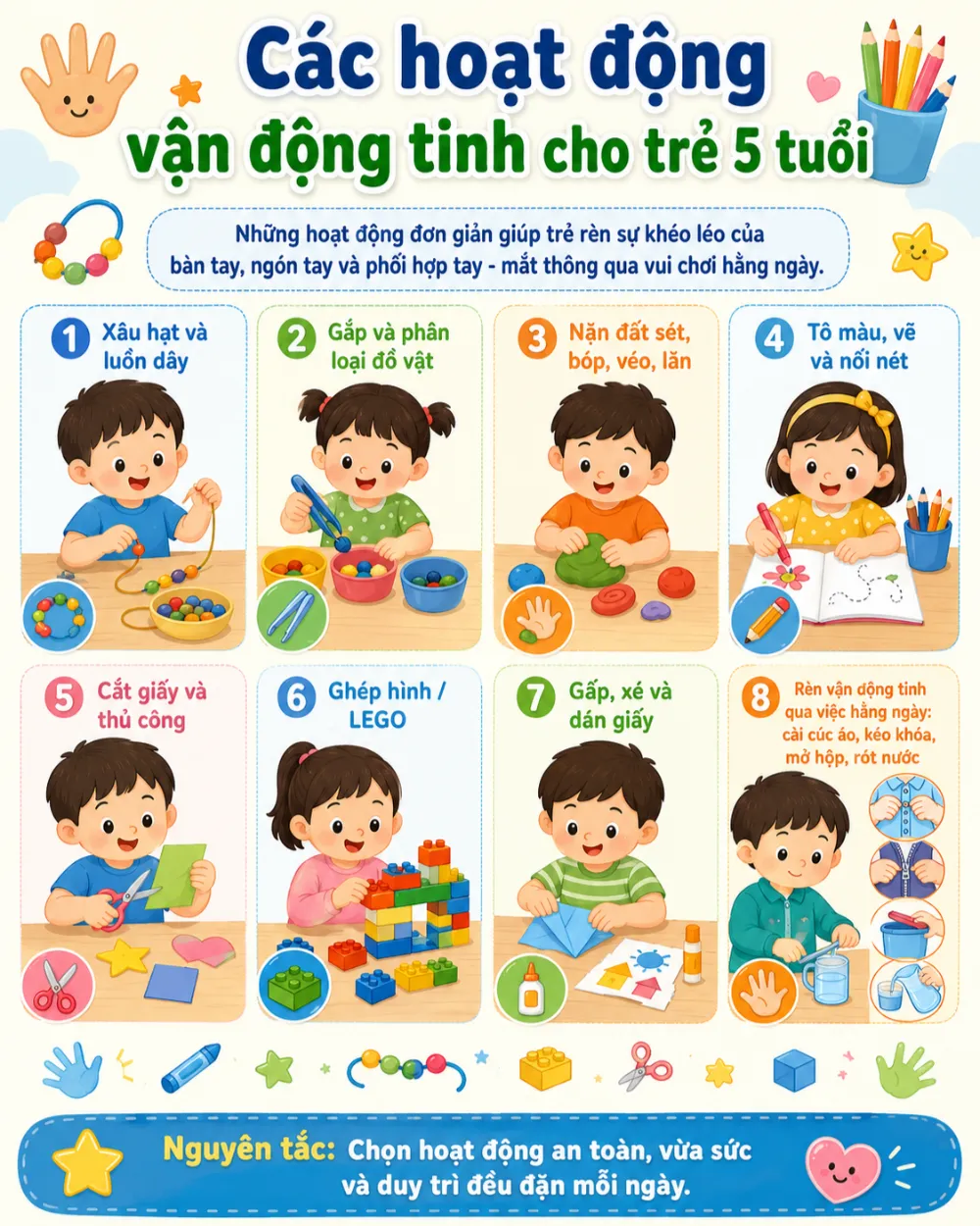 Những kỹ năng vận động tinh trẻ 5 tuổi cần được rèn luyện