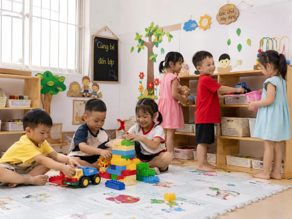 Quy trình “lấy đồ – chơi – hoàn thành – cất lại” giúp trẻ hình thành trách nhiệm với không gian chung. 