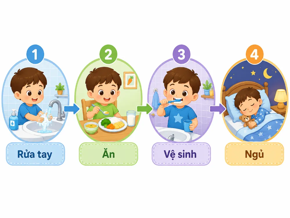 Routine đơn giản và dễ dự đoán giúp trẻ từng bước làm quen với nhịp sinh hoạt ổn định. 