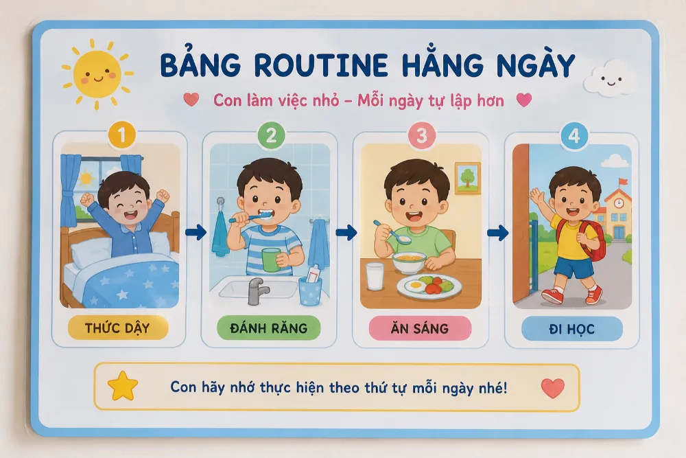 Bảng routine bằng hình ảnh giúp trẻ dễ ghi nhớ trình tự công việc khi chưa đọc thành thạo. 