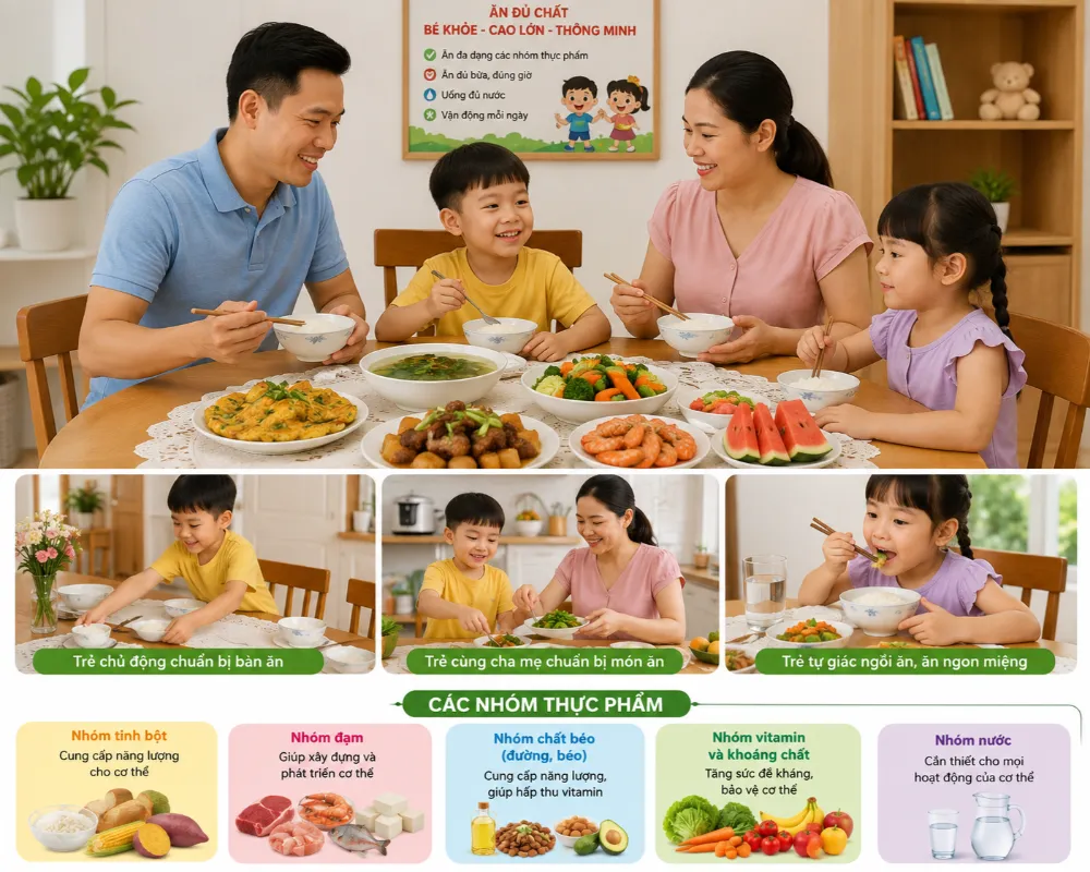 Bữa ăn của trẻ 5 tuổi nên có khẩu phần vừa sức, thực phẩm đa dạng và được bố trí hợp lý giữa bữa chính, bữa phụ và sữa.
