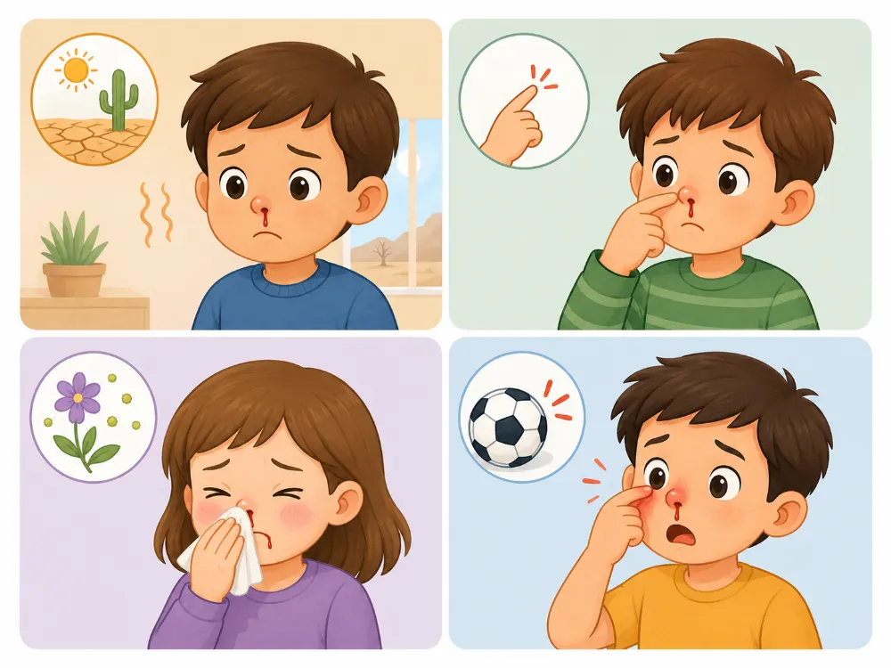 Khô mũi, ngoáy mũi và kích ứng là nguyên nhân thường gặp. 