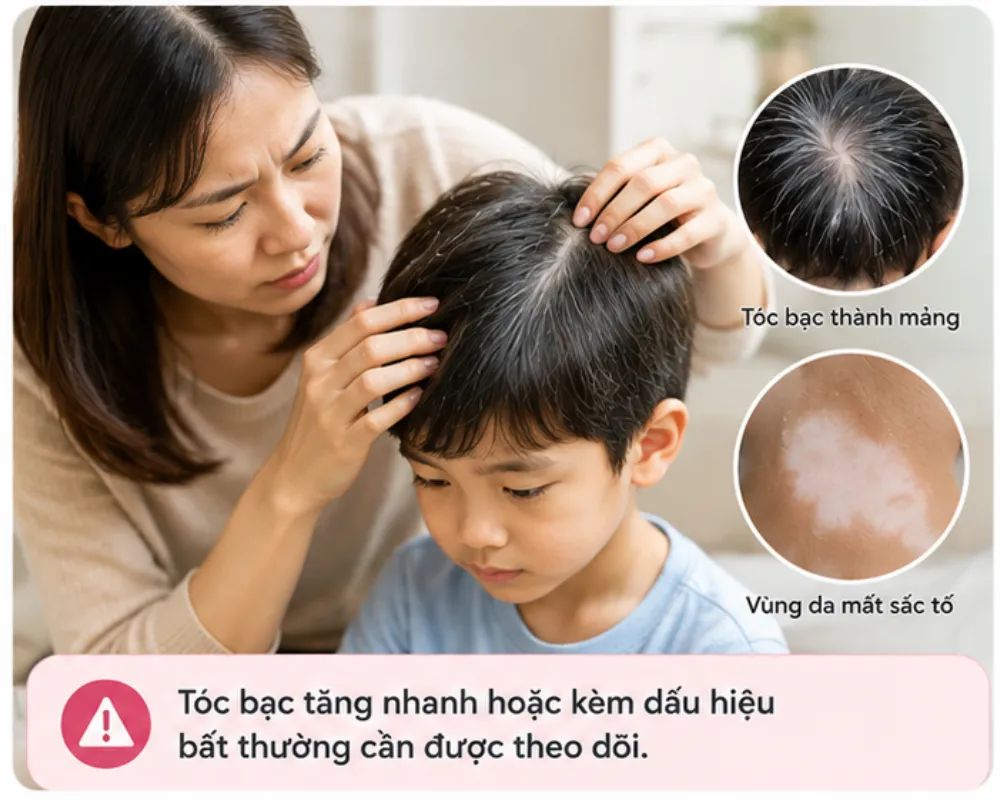 Tóc bạc tăng nhanh hoặc kèm dấu hiệu bất thường cần được theo dõi. 