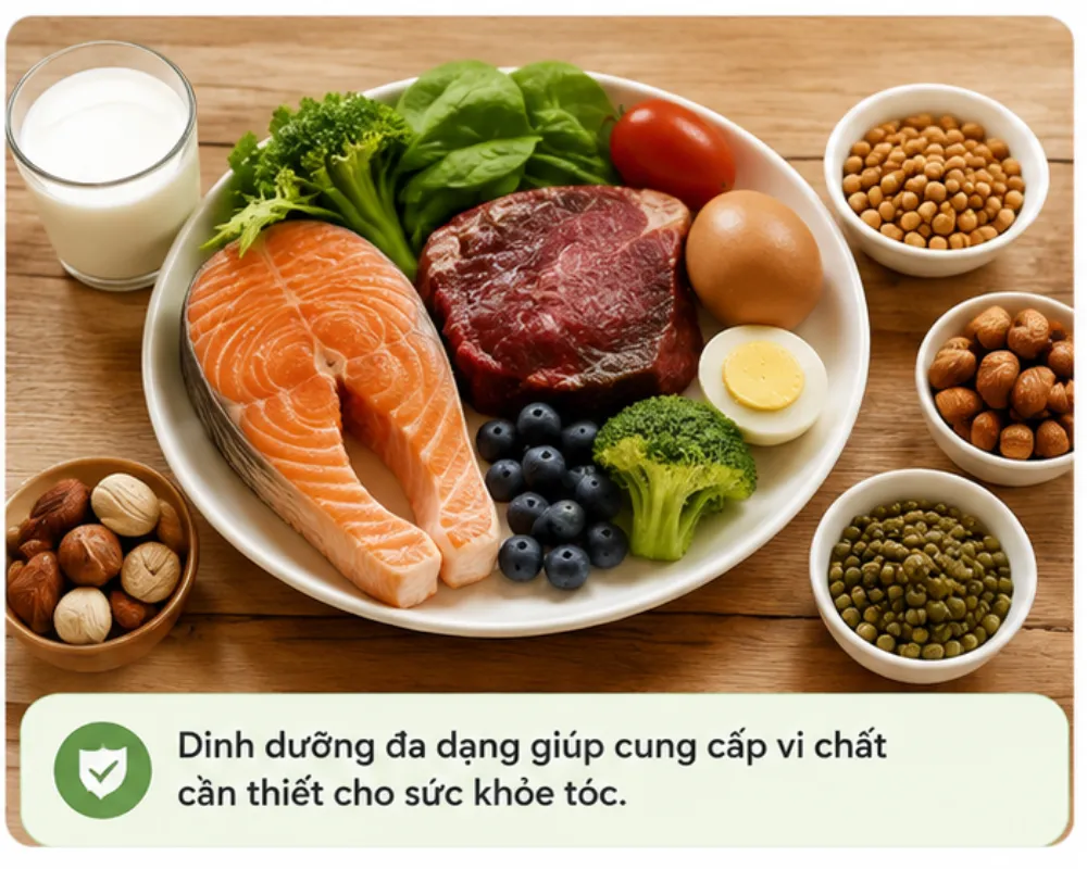 Dinh dưỡng đa dạng giúp cung cấp vi chất cần thiết cho sức khỏe tóc. 