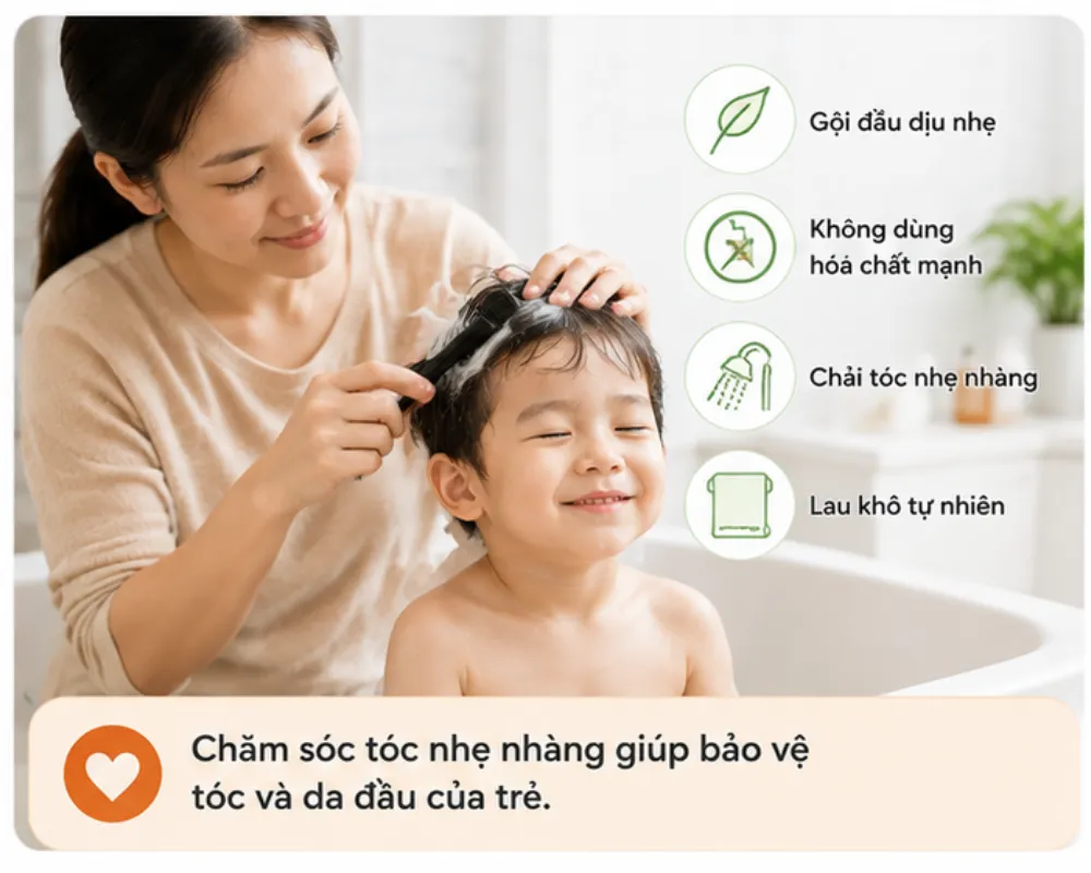Chăm sóc tóc nhẹ nhàng giúp bảo vệ tóc và da đầu của trẻ. 