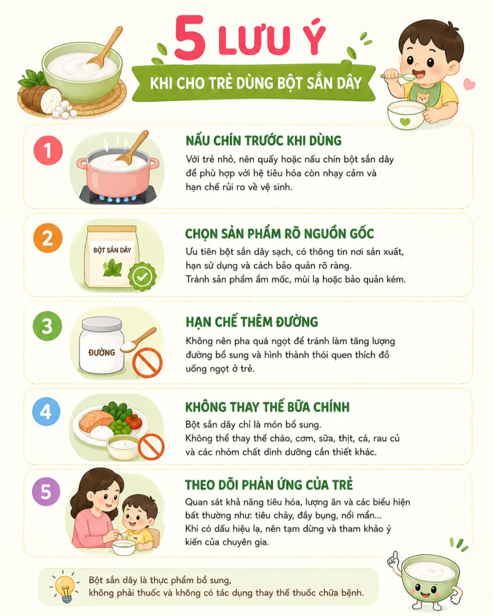 Cha mẹ nên chú ý cách chế biến, lượng dùng và phản ứng của trẻ khi thêm bột sắn dây vào khẩu phần.