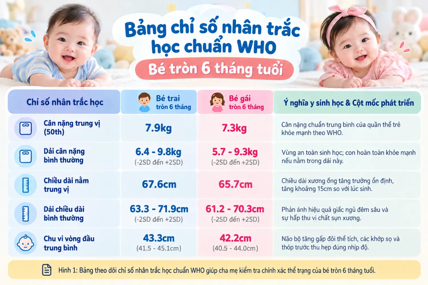 Bảng theo dõi chỉ số nhân trắc học chuẩn WHO giúp cha mẹ kiểm tra chính xác thể trạng của bé tròn 6 tháng tuổi