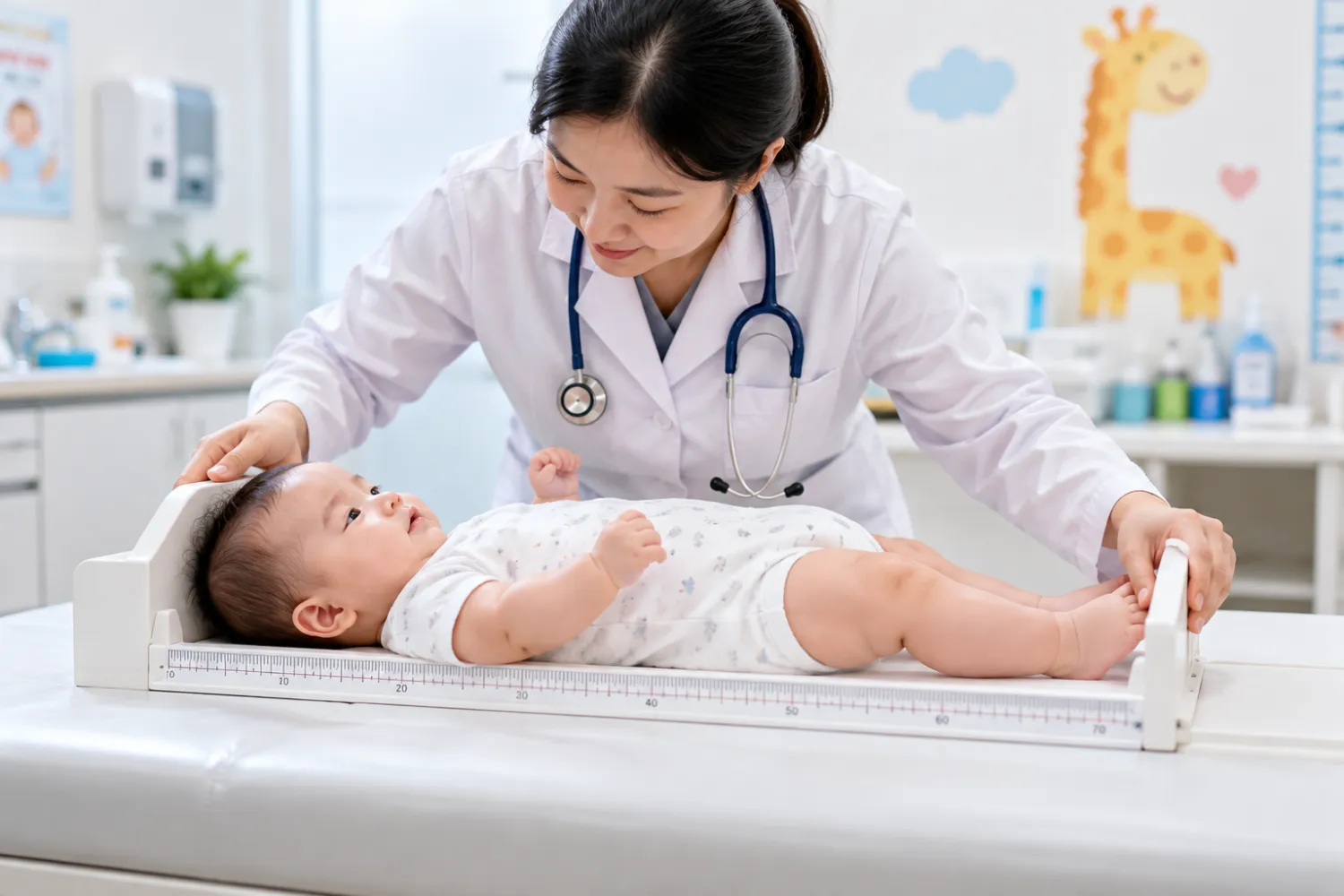 Bác sĩ nhi khoa đo chiều dài nằm chuẩn xác cho em bé 6 tháng tuổi trên thước phẳng