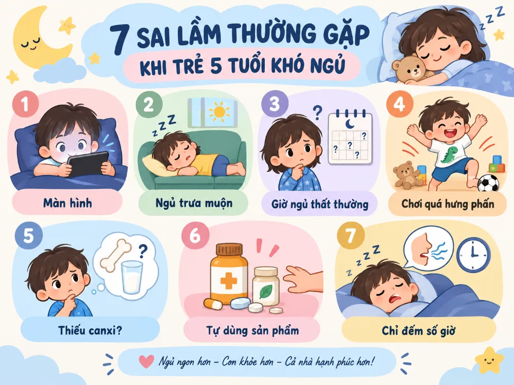 Điện thoại, lịch ngủ thất thường và tự bổ sung vi chất có thể khiến cha mẹ xử lý sai nguyên nhân khiến trẻ khó ngủ.