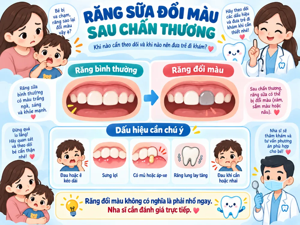 Răng sữa có thể đổi màu sau va đập; cần theo dõi thêm đau, sưng, mủ và độ lung lay.