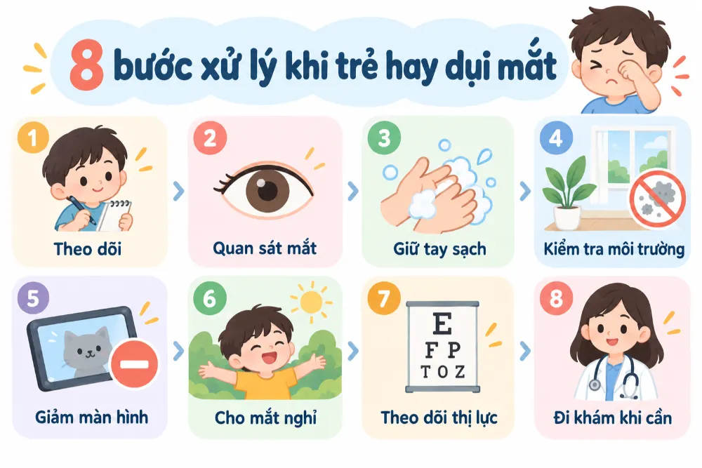 Quan sát triệu chứng, giữ tay sạch và theo dõi thị lực là những bước cha mẹ có thể thực hiện khi trẻ thường xuyên dụi mắt.