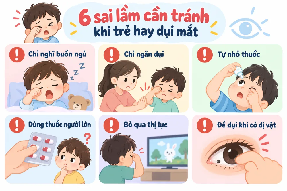 Không nên tự dùng thuốc nhỏ mắt hoặc chỉ ngăn trẻ dụi mà bỏ qua nguyên nhân gây khó chịu.