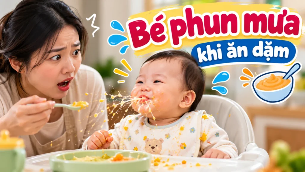 Bé phun mưa khi ăn dặm là dấu hiệu phát triển ngôn ngữ (Ảnh: sưu tầm internet)