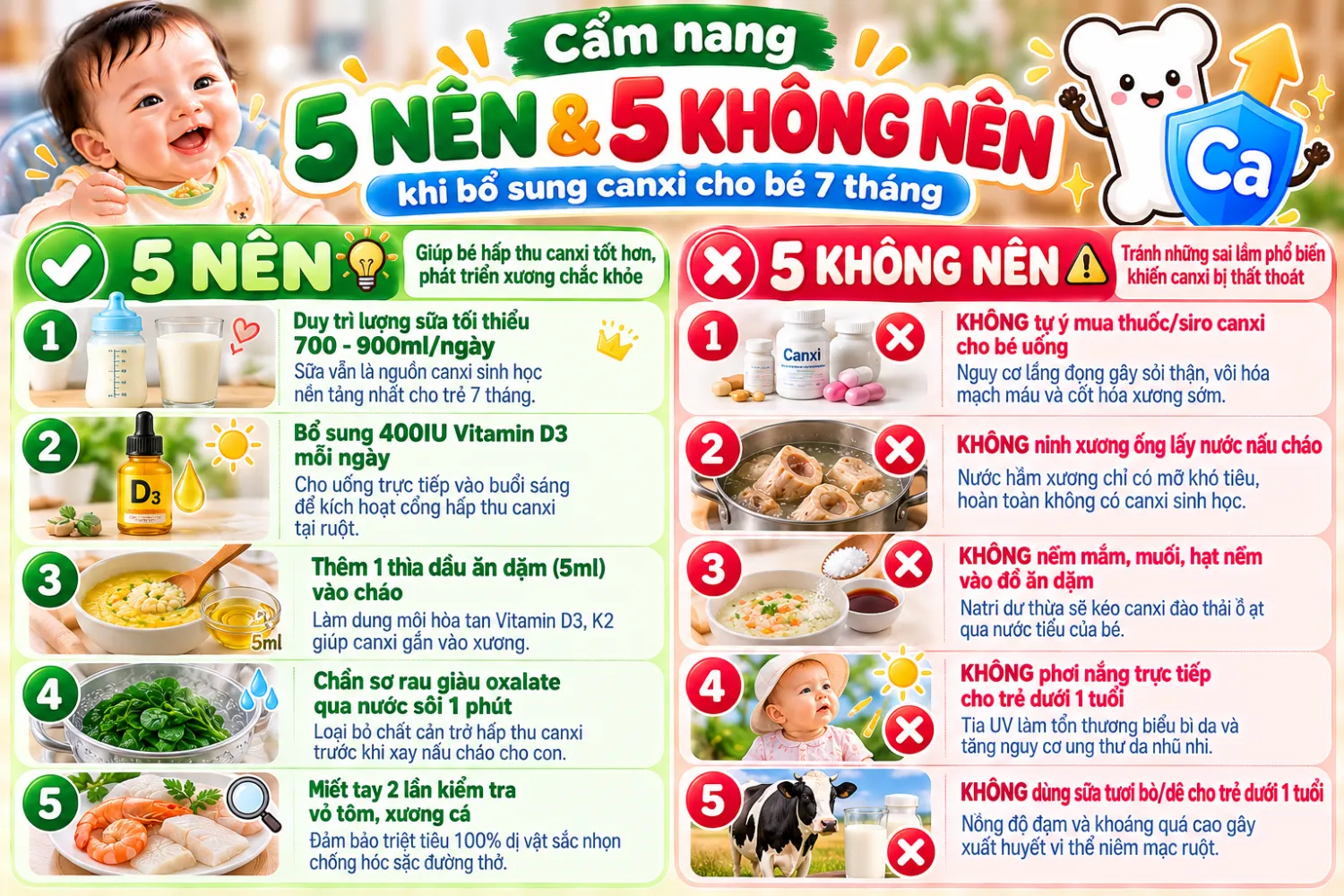 Cẩm nang 5 NÊN & 5 KHÔNG NÊN khi bổ sung canxi cho bé 7 tháng