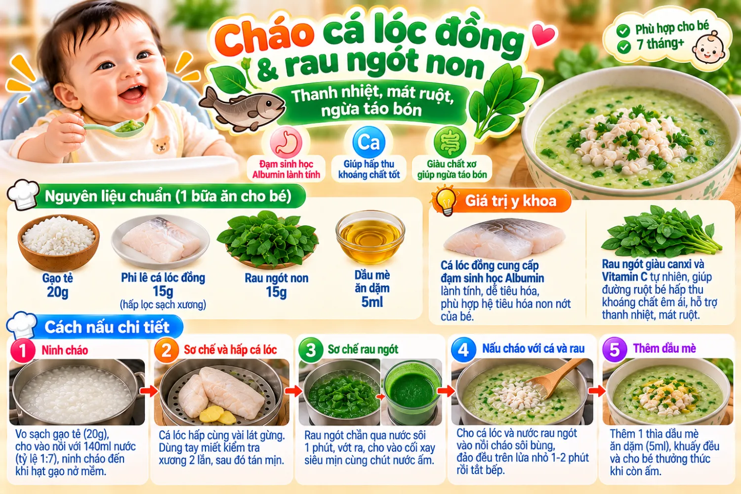 Cháo cá lóc đồng & rau ngót non (Thanh nhiệt, mát ruột, ngừa táo bón)