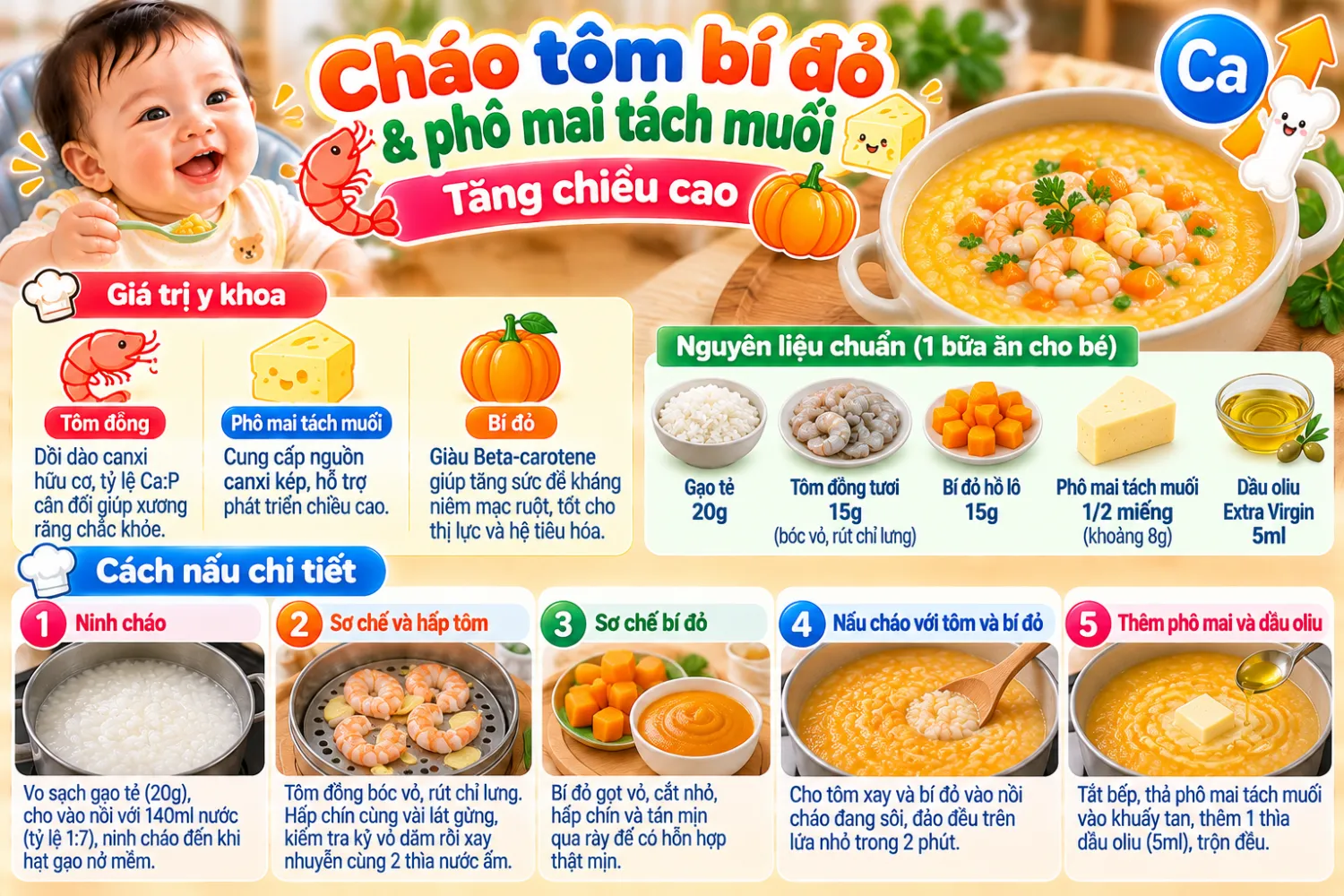 Cháo tôm bí đỏ & phô mai tách muối
